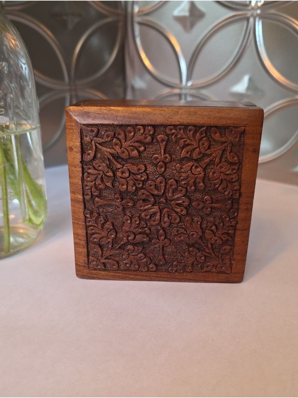 Beautiful Vintage Hand-Carved Wooden Jewelry Trinket Box